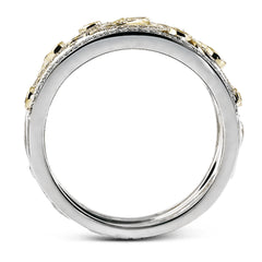 Featuring a gorgeous paisley-inspired design, this white, rose, and yellow gold classic band is set with .41 ctw round cut white diamonds and .23 ctw yellow diamonds.