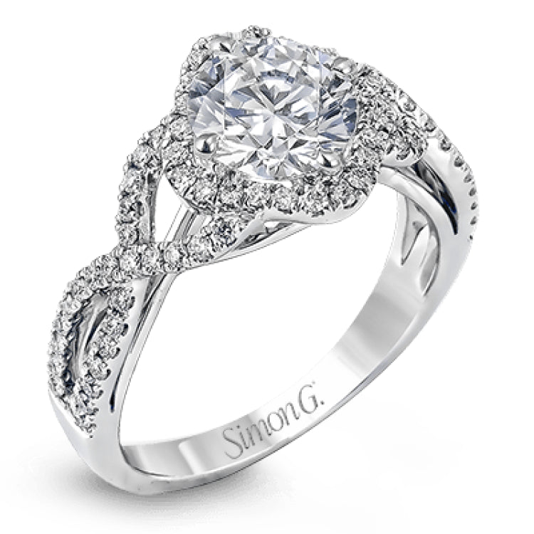 Set with .35 ctw of arresting round cut white diamonds, this lovely white gold engagement ring features a memorable intertwined design on the band.