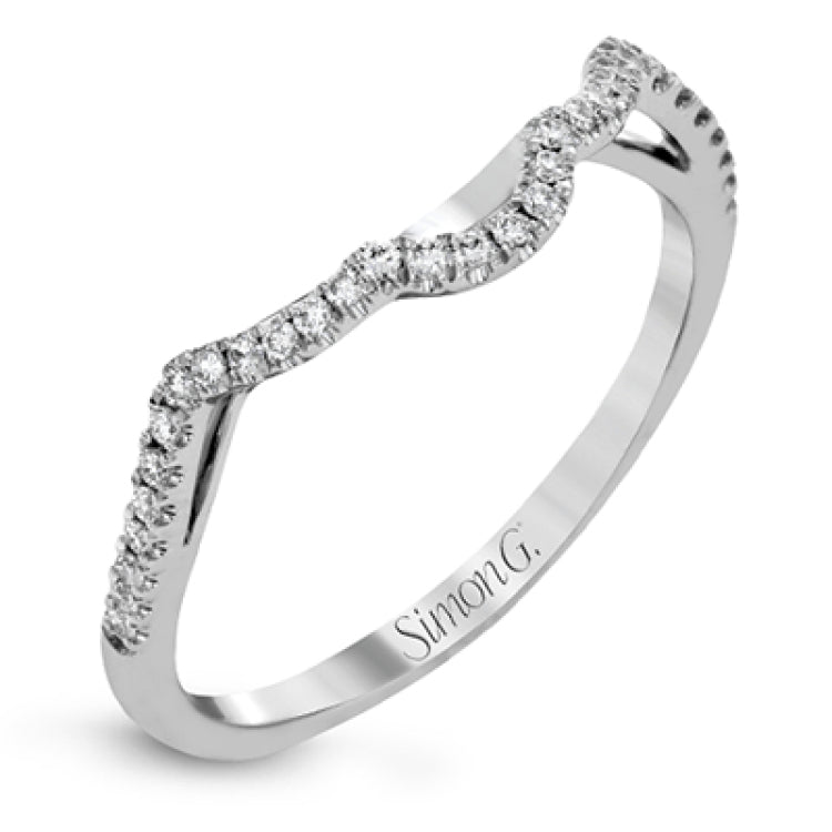 Set with .35 ctw of arresting round cut white diamonds, this lovely white gold engagement ring features a memorable intertwined design on the band.