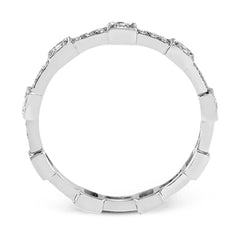 This white gold band form a modern style band set with .33 ctw of striking round cut white diamond accents. Perfect for stacking.