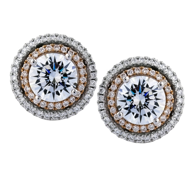 These earring jackets make for a stud earrings provide a touch of rose gold and white gold in a double halo design. These contain .50 ctw of white diamonds.