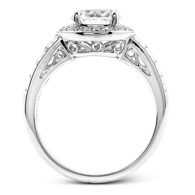 With a beautiful halo surrounding the center stone, this lovely white gold engagement ring is set with 1.14 ctw of shimmering princess cut white diamonds and .20 ctw round cut white diamonds.