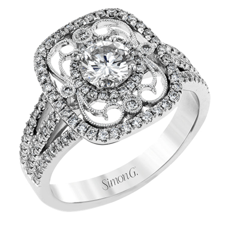 Reflecting an intricate vintage-inspired design, this three-tone gold ring is set with .61 ctw round cut white diamonds and a .53 ctw yellow oval diamond.