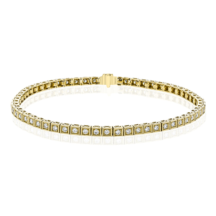 This brilliant yellow gold tennis-style classic bracelet is accentuated by the presence of 1.0 ctw of glistening round white diamonds.