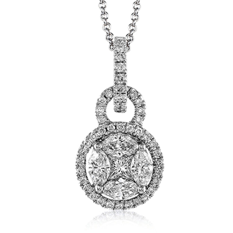 With its double circle design, this elegant white gold pendant is accented with .10 ctw princess cut white diamonds, .19 ctw round cut white diamonds, and .30 ctw marquise cut white diamonds.