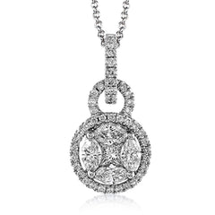 With its double circle design, this elegant white gold pendant is accented with .10 ctw princess cut white diamonds, .19 ctw round cut white diamonds, and .30 ctw marquise cut white diamonds.