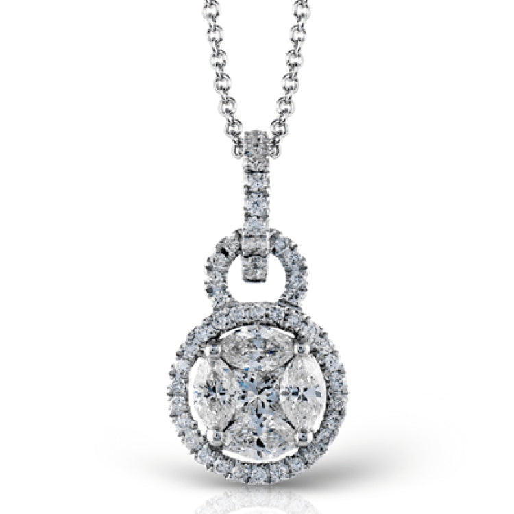 With its double circle design, this elegant white gold pendant is accented with .10 ctw princess cut white diamonds, .19 ctw round cut white diamonds, and .30 ctw marquise cut white diamonds.