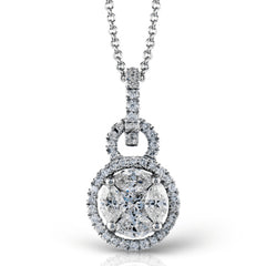 With its double circle design, this elegant white gold pendant is accented with .10 ctw princess cut white diamonds, .19 ctw round cut white diamonds, and .30 ctw marquise cut white diamonds.
