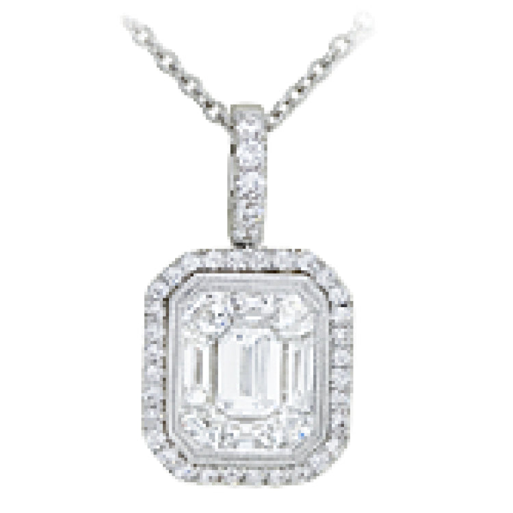 18K white and rose gold pendent featuring .78cttw white diamonds and .09cttw pink diamonds.