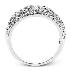 This lacy vintage inspired white gold band features .62 ctw of round cut white diamonds in a charming floral design.