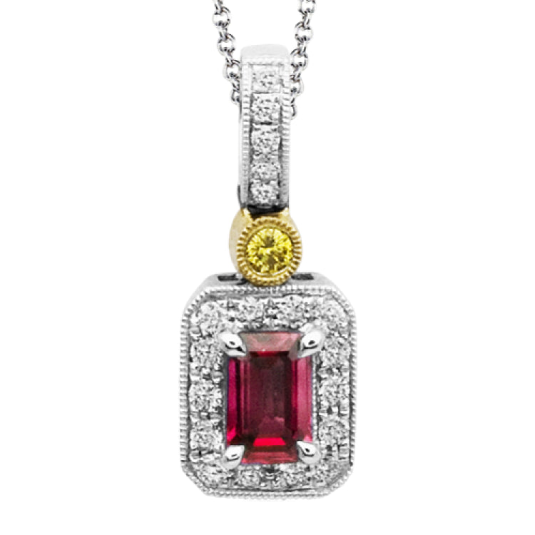 This impressive white and yellow gold classic pendant features an emerald cut ruby accented by .12ctw round white diamonds and a .02ct round cut yellow diamonds.