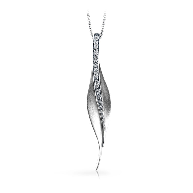 A sleek, svelte style highlights this modern leaf-like pendant, set with a column of .13 ctw of dazzling white diamonds.
