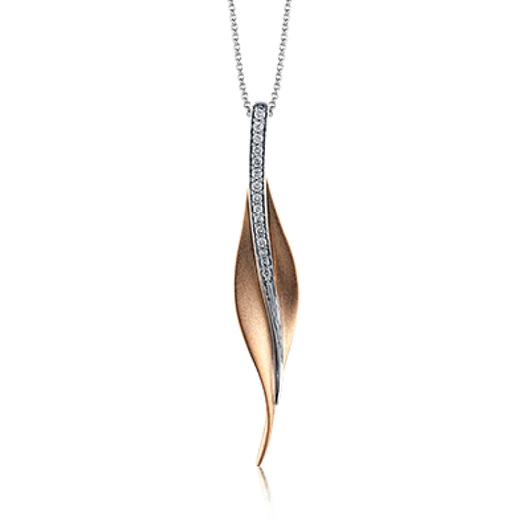 A sleek, svelte style highlights this modern leaf-like pendant, set with a column of .13 ctw of dazzling white diamonds.