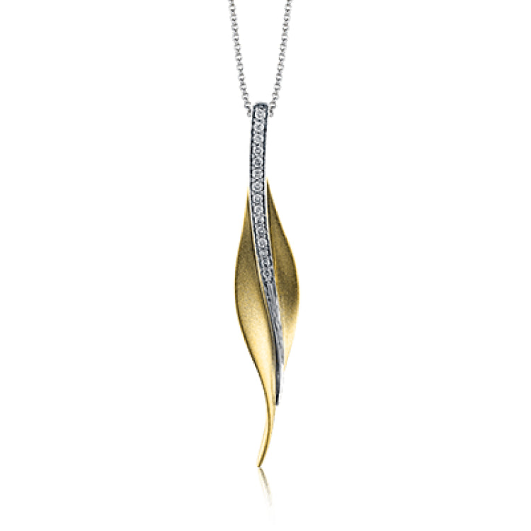 A sleek, svelte style highlights this modern leaf-like pendant, set with a column of .13 ctw of dazzling white diamonds.