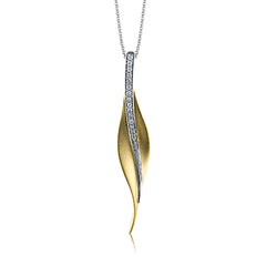 A sleek, svelte style highlights this modern leaf-like pendant, set with a column of .13 ctw of dazzling white diamonds.