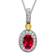 This dramatic classically styled two-tone pendant is features a .54 ctw oval cut ruby accentuated by .14 ctw round cut white diamonds and a .02 ctw round yellow diamond accent.