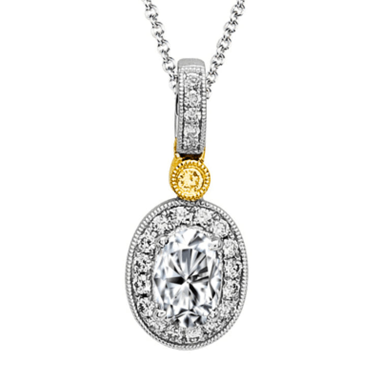This dramatic classically styled two-tone pendant is features a .54 ctw oval cut ruby accentuated by .14 ctw round cut white diamonds and a .02 ctw round yellow diamond accent.