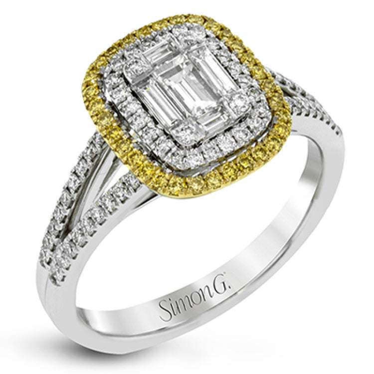 The modern style of this white gold ring is complemented by .44 ctw of glistening baguette cut white diamonds and .36 ctw of round cut white diamonds.