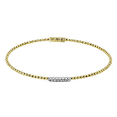 18K two tone YG beaded stackable bangle accented with 0.08 ctw of white diamonds, and a magnetic closure