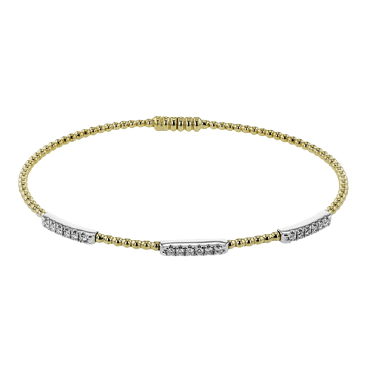 18K two tone YG beaded stackable bangle with 3 white gold stations of diamonds 0.23 ctw, and a magnetic closure