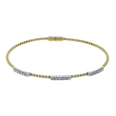 18K two tone YG beaded stackable bangle with 3 white gold stations of diamonds 0.23 ctw, and a magnetic closure