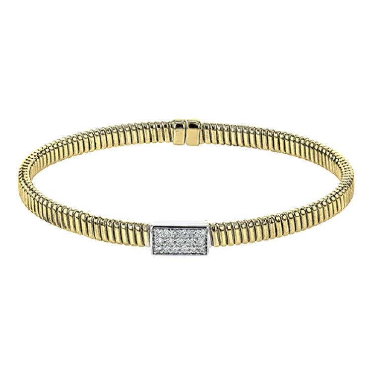 18k Yellow gold textured bangle is highlighted by .25 ctw of diamonds set in a rectangular design. Perfect for stacking