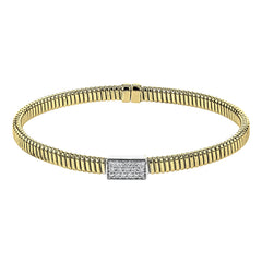 18k Yellow gold textured bangle is highlighted by .25 ctw of diamonds set in a rectangular design. Perfect for stacking