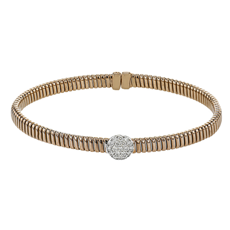 18K Rose gold textured bangle with round diamond accent .20 ctw. and magnetic closure, is a perfect bangle for stacking