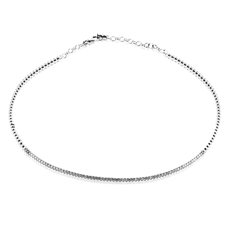 This 18k white gold choker features .79ct total diamond weight and can be worn alone for a signature statement or layered with other pieces to create a more dramatic look.