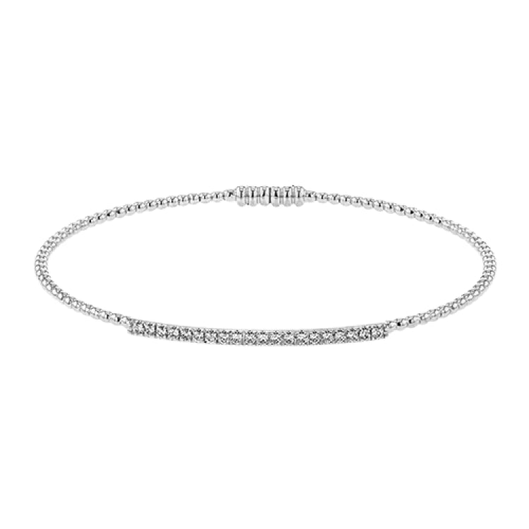 18K white gold beaded bangle with a bar of shimmering diamonds in the center 0.26 ctw, and a magnetic closure