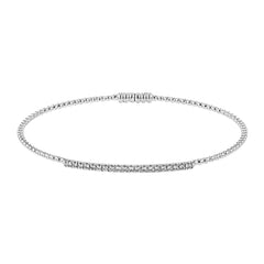18K white gold beaded bangle with a bar of shimmering diamonds in the center 0.26 ctw, and a magnetic closure