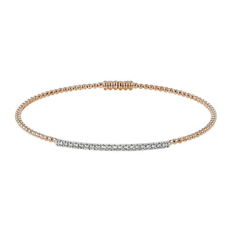 18K RG beaded bangle with a bar of shimmering diamonds in the center 0.28 ctw, and a magnetic closure