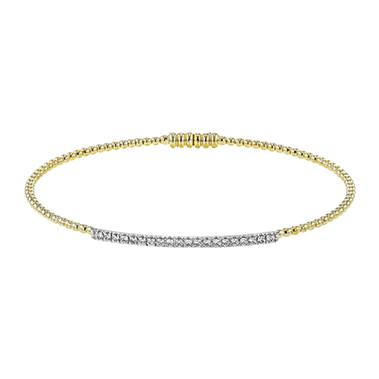 18K YG beaded bangle with a bar of shimmering diamonds in the center 0.28 ctw, and a magnetic closure