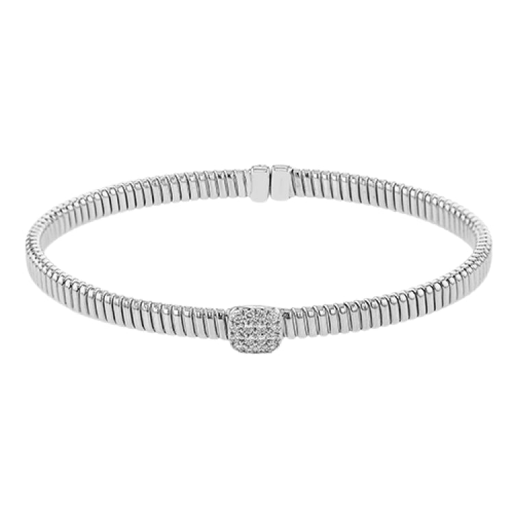 This modern design 18k white gold textured bangle with .19ctw diamonds set in a cushion shape and magnetic closure, is perfect for stacking