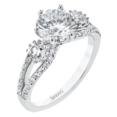This 3 stone engagement ring has a split shank design and 2 side diamonds 1/4 ct each, totaling 0.48 ctw. and outlined with diamond accents of .35 ctw.