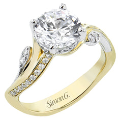 This unique two-tone engagement ring has a sculpted look and accent diamonds 0.21 ctw set to look like petals and dew drops, flanking the center stone
