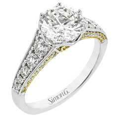 This cathedral style engagement ring features milgrain detail and sparkles with 0.48 ctw of white diamonds and 0.28 ctw of natural yellow diamonds