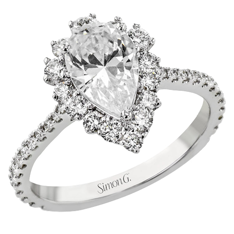 This Supernova Collection engagement ring is built specially for a pear-shaped center stone, with a wonderful halo of diamonds twinkling like starry skies.