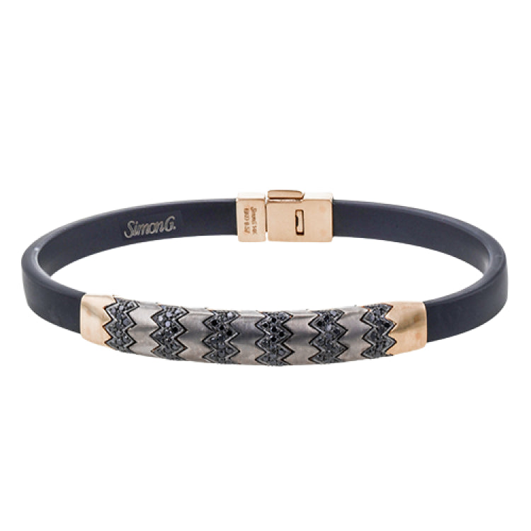 This men's bracelet features a pattern made from 14k yellow gold and titanium set with .57 ctw of black diamonds.