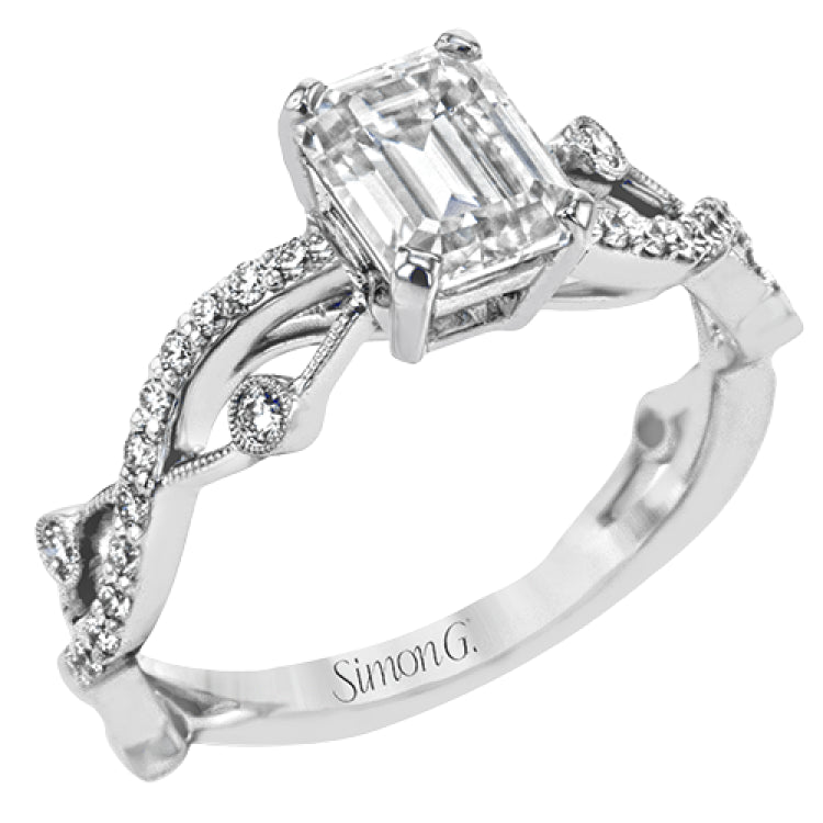 This distinctive, dynamic ring with an intertwined design is specially crafted for an emerald shaped center stone.