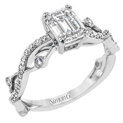 This distinctive, dynamic ring with an intertwined design is specially crafted for an emerald shaped center stone.