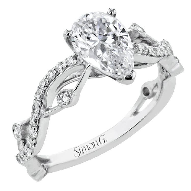 This unique 18k white gold engagement ring features .22 ctw of white diamonds in an interwoven design.