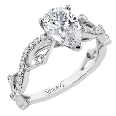 This unique 18k white gold engagement ring features .22 ctw of white diamonds in an interwoven design.