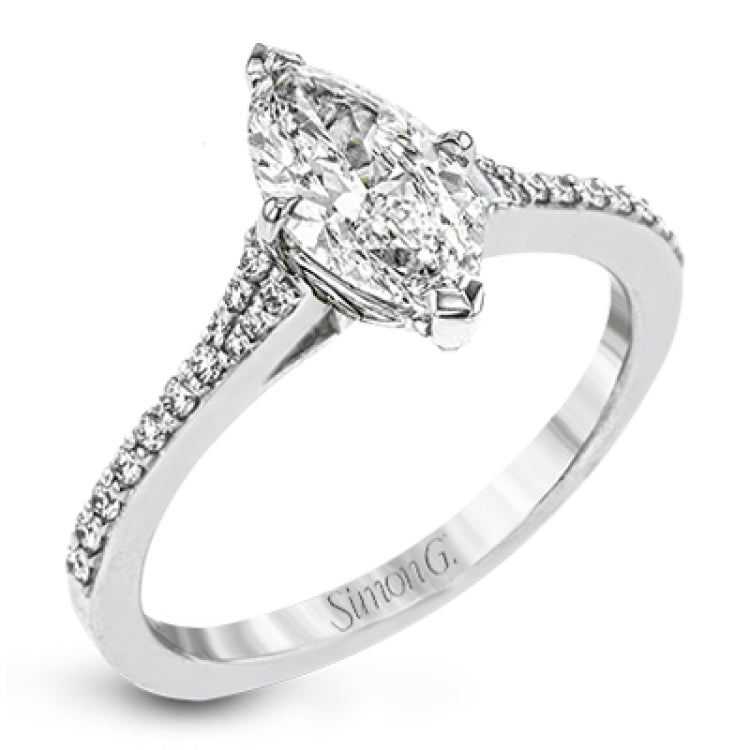 Simple yet stunning, this graceful engagement ring is made for a marquise cut center stone and is set with .16 ctw of white diamonds.