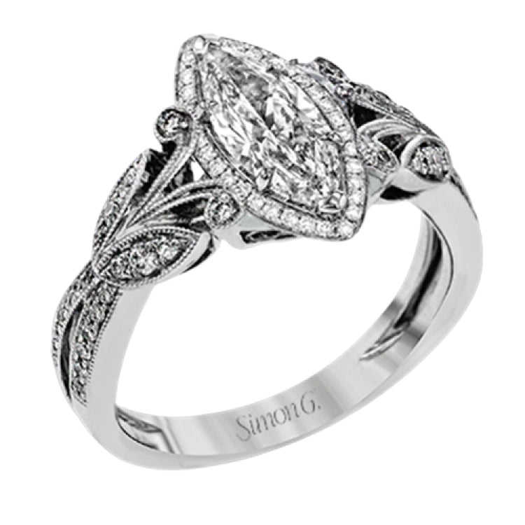 This amazing 18k white gold engagement ring features vintage-inspired design elements set with .28 ctw of white diamonds.