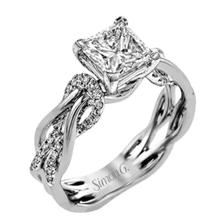 This impressive contemporary white engagement ring features a unique twisting design on the shank, which is complemented by .17 ctw of round cut white diamonds.