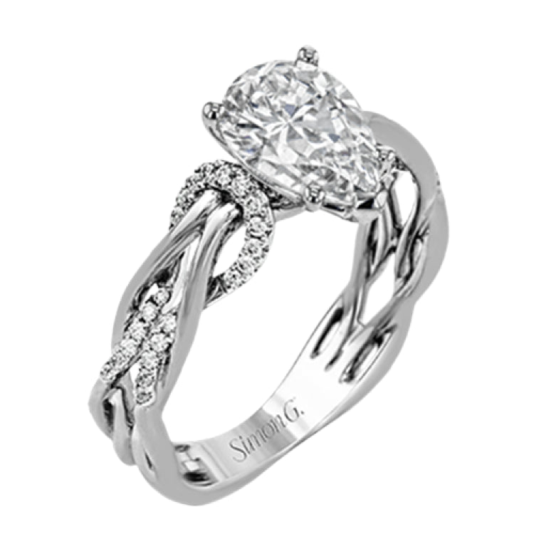 This impressive contemporary white engagement ring features a unique twisting design on the shank, which is complemented by .17 ctw of round cut white diamonds.