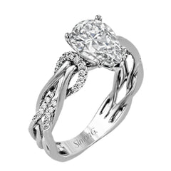 This impressive contemporary white engagement ring features a unique twisting design on the shank, which is complemented by .17 ctw of round cut white diamonds.