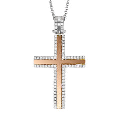 This two-tone 18k gold cross pendant is has a central design of rose gold which is edged by .24 ctw of scintillating white round brilliant diamonds.
