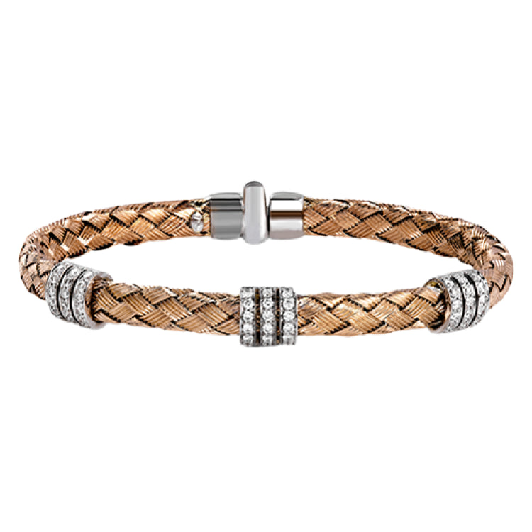 Carefully woven from 18k rose gold, this remarkable bangle bracelet is perfect for everyday wear as well as formal occasions with .72 ctw of white diamonds. Perfect for stacking.